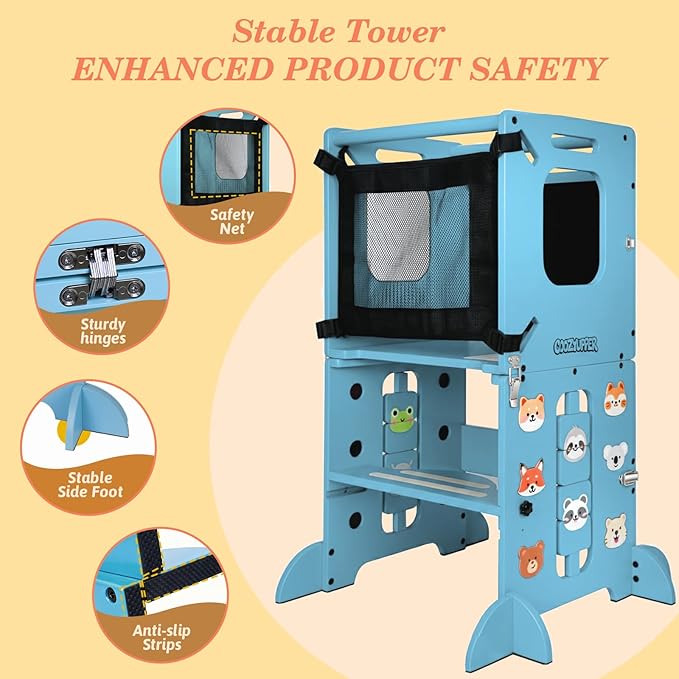 Toddler Kitchen Stool Helper, CPC Certified Foldable Toddler Tower, Learning Wooden Tower with Support Feet and Chalkboard, Anti-Drop Structure, Safe Design for Kids, Blue