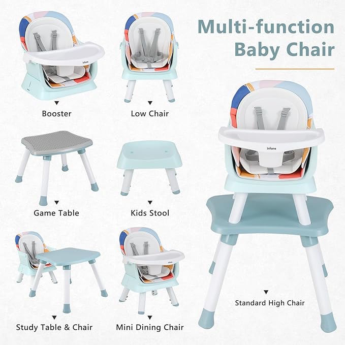 INFANS 8 in 1 Baby High Chair, Convertible Highchair for Babies and Toddlers, Infant Dining Booster Seat, Building Block Table, Kids Stool Table Chair Set with Removable Tray (8 in 1, Baby Blue)