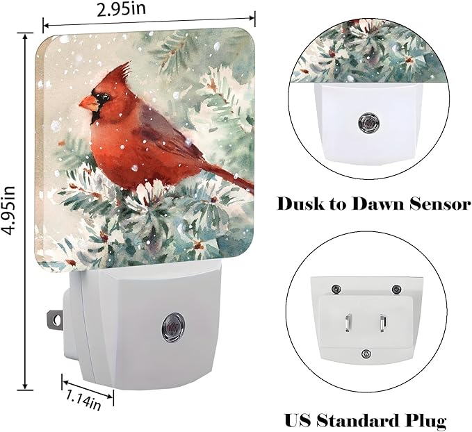 Winter Cardinal Bird Night Light,Plug Into Wall for Boys Girls Bedroom Decorative Square Night Light Lamp 0.5w Sleep Friendly