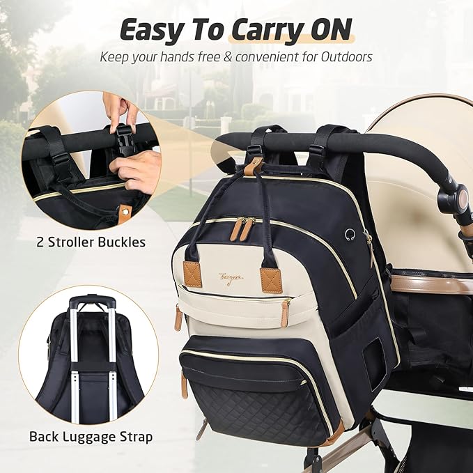 Diaper Bag Backpack - Extra Large Diaper Bag for 2 Kids Twin, Travel Baby Bags for Mom Dad 25-37L Expandable with Changing Pad Earphone Hole, Apricot Black