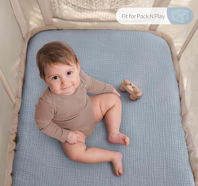 Blissful Diary Muslin Mini Crib Sheets, Pack and Play Mattress Sheets Fitted for Pack N Play, Soft Cotton for Boys Girls, 2 Pack(Light Blue&Grey)