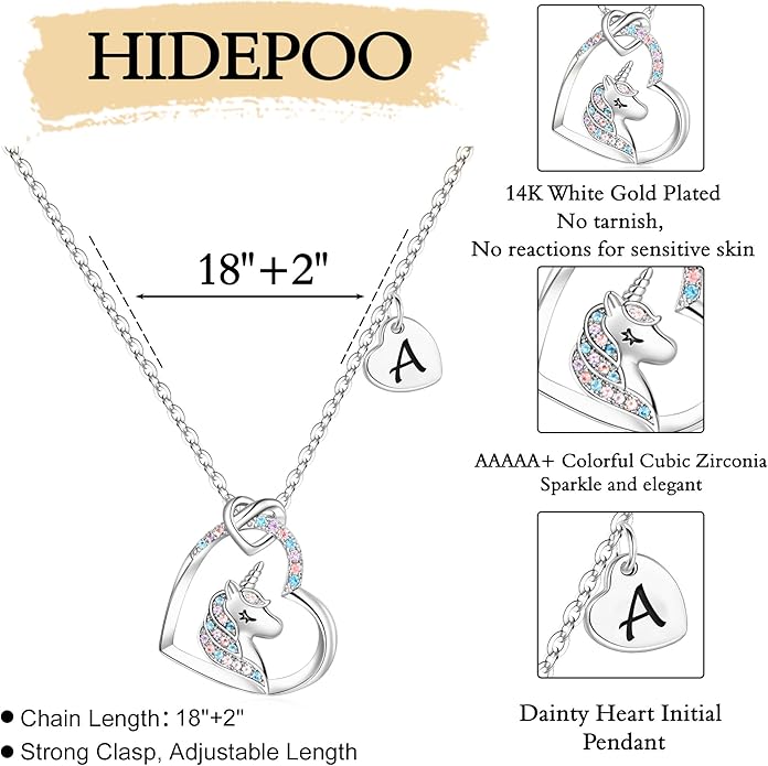 Hidepoo Unicorn Necklace Gifts for Girls - Colorful CZ Heart Pendant Initial Unicorns Necklaces for Teens Little Girls Jewelry Birthday Gift for Girl Daughter Granddaughter Niece