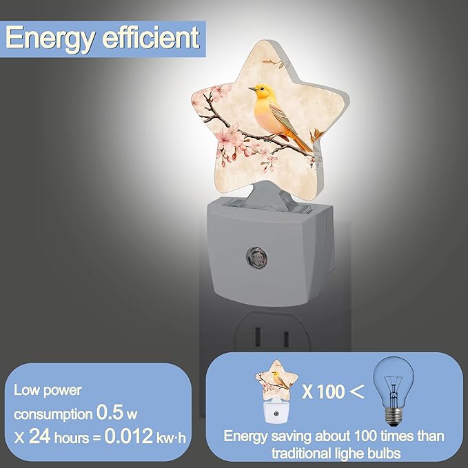 Bird Vintage Nightlight,Pink Cherry Blossoms Star Night Lights Plug into Wall Decorations for Bedroom Bathroom,Dusk to Dawn Sensor Kitchen Hallway Stairs Energy Efficient Desk Lamp