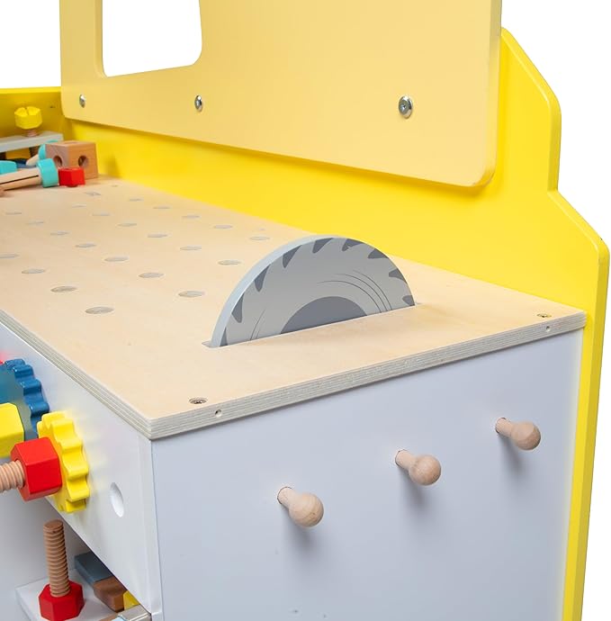 Construction Truck Wooden Playset w 60+ Toy Pieces- Pretend Hammer Saw Bolts & Screws- Spinning Turn Saw, Steering Wheel, Wood to Pull Apart- Dual Sided Play Stand Center, Workbench Building Kids Gift