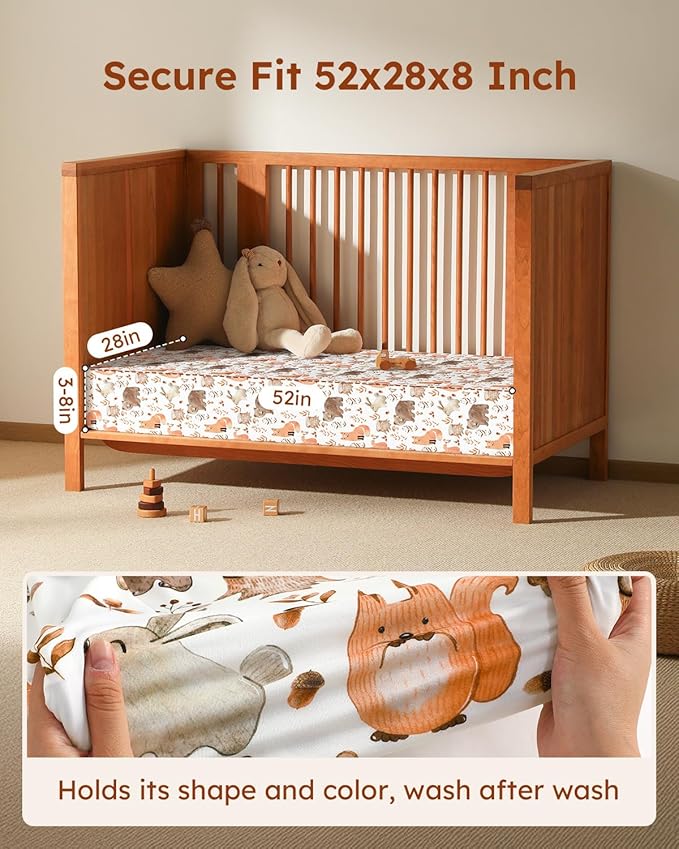 Baby Crib Sheets for Boys Girls, 28x52x8in Fitted Crib Sheet Neutral 3 Pack for Standard Crib and Toddler Mattress, Breathable Soft Microfiber Baby Sheet Green & Brown Fox