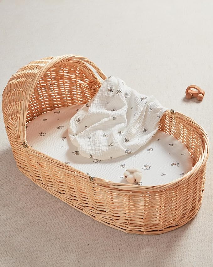 JELLYMONI 2-Pack Muslin Bassinet Sheets for Girls Boys, 100% Cotton Bassinet Mattress Sheets Soft Breathable Universal Fit for Baby Bassinets, Moses Basket, Hourglass Oval and Rectangle Mattress