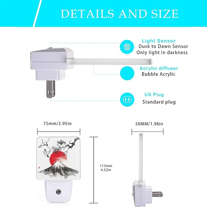 Mountain Fuji Night Light,Sun and Storks Japanese Landscape Night Lights Plug into Wall Led Night for Boys Girls Gifts, Dusk to Dawn Sensor Nightlight 0.5W Sleep Friendly