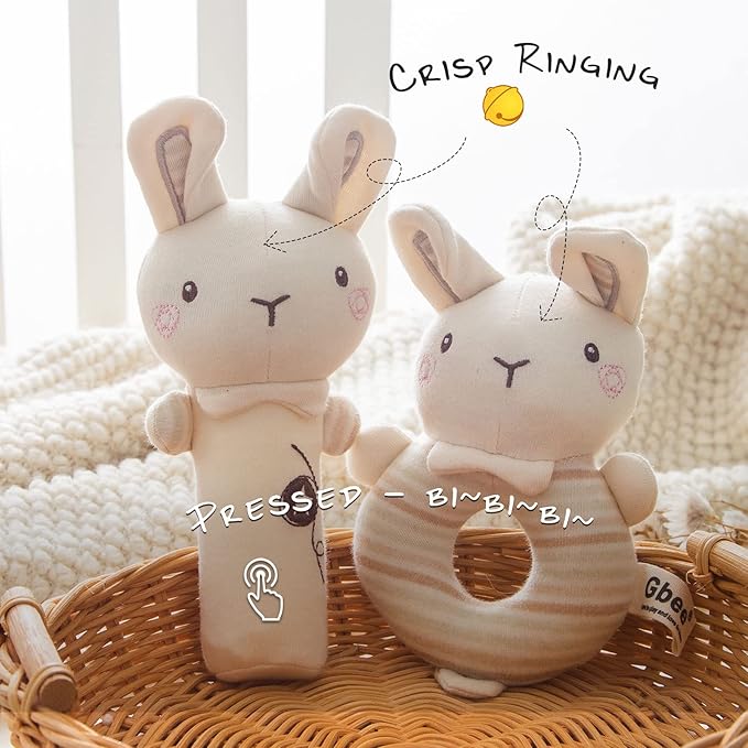 Plush Baby Soft Rattle Toys, Beige Bunny Baby Rattles for Infants Baby First Stuffed Animal Plush Rattle Shaker Set for Newborns Soft Ring Rattle Sensory Toys for Infant Boys Girls Shower Gifts, 2 PCS