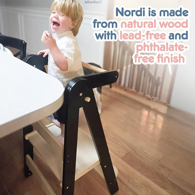 Nordi Foldable Toddler Kitchen Tower, Montessori Kitchen Stools Helper, Standing Tower with 3 Adjustable Heights, Suitable Age for 2-6 Years, Black