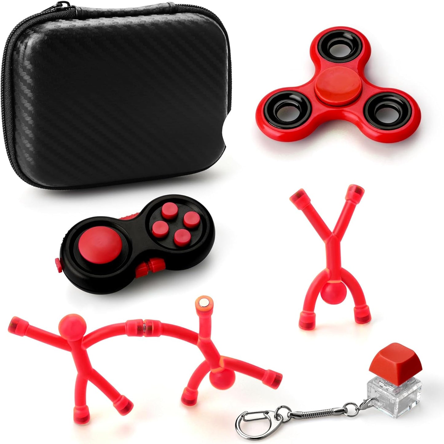 Sensory Fidget Toys, Fidget Toys for Kids 5-7, Fidget Toys Adults, Fidget Toy Pack with Fidget Pad, Fidget Spinner, Fidget Keychain Keyboard, Fridge Magnets Man (Red)