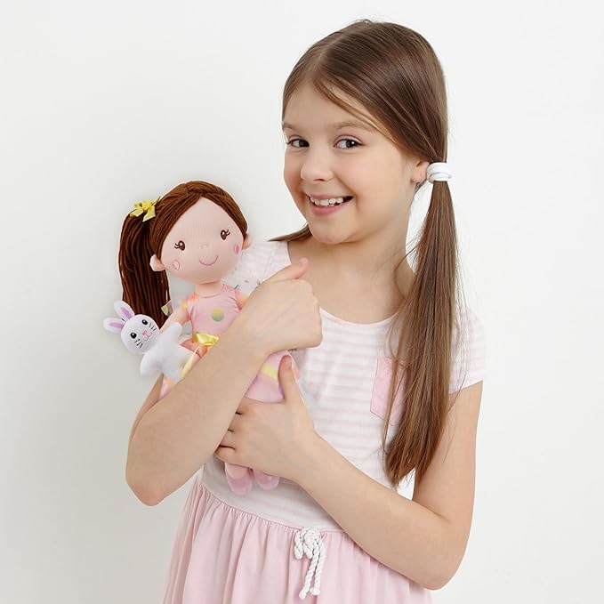 June Garden 15" Playmate Buddies Molly - Soft Plush Doll with Her Stuffed Animal Companion Bunny - Polka Dot Dress for Kids 1 Year and Up