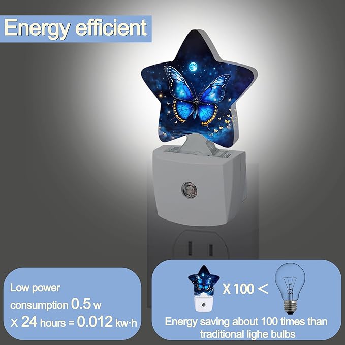Blue Butterfly Moon Dusk to Dawn Star Night Light,Starry Sky Smart Sensor Nightlight for Bedroom Kitchen Hallway Stairs,Plug-in Energy Efficient Decor Desk Lamp Women Men Gifts