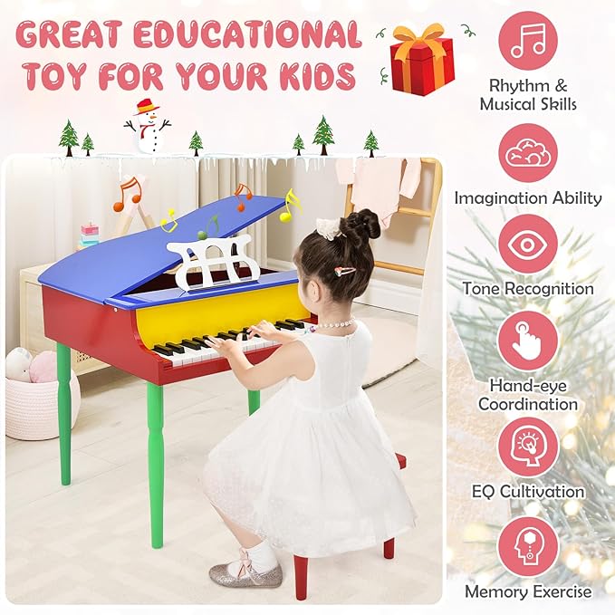 Goplus 30-Key Classical Kids Piano, Mini Grand Piano Wooden Learn-to-Play Musical Instrument Toy with Bench, Piano Lid, Music Rack, Gift for Boys Girls Aged 3+ Baby Toddler (4 Straight Leg-Colorful)