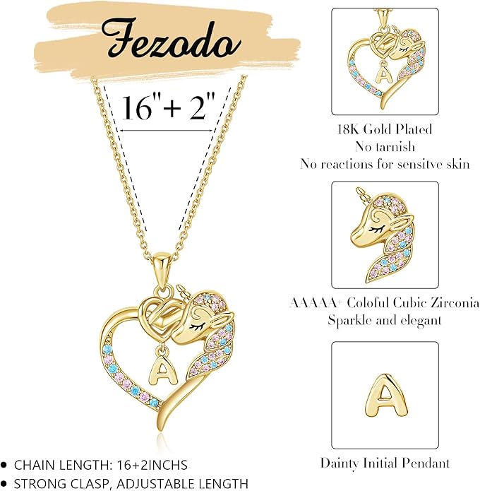 Unicorn Necklaces for Teen Girls Kids - Colorful CZ 18K Gold Plated Heart Initial Necklaces for Women Gold Jewelry Birthday Unicorn Gifts for Girls 6-8 Women