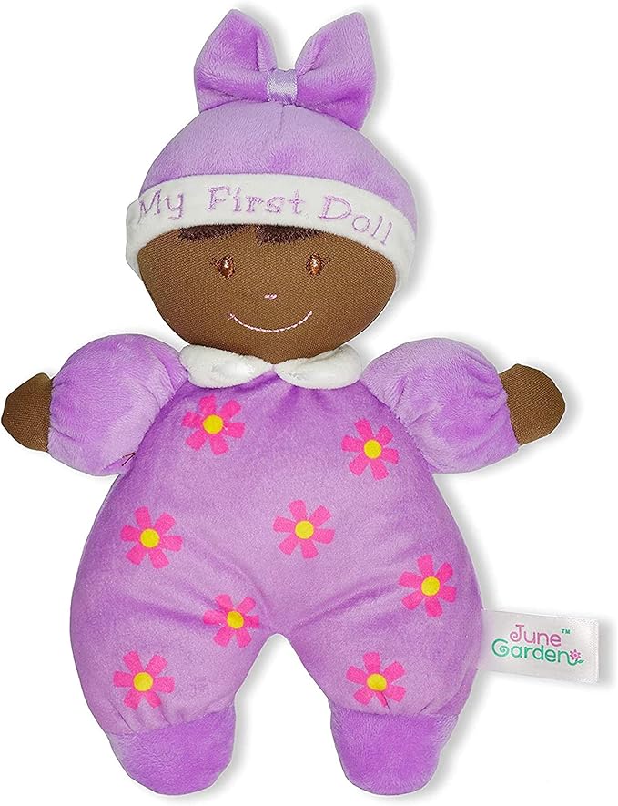 June Garden 9" My First Doll Hazel - Soft Plush Baby Doll with Rattle - Purple Outfit