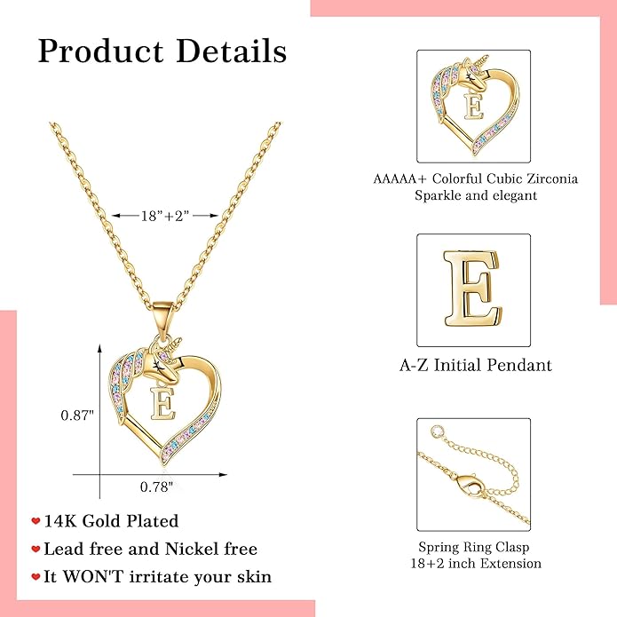Hidepoo Unicorn Necklace Gifts for Girls - 14K-Gold-Plated Colorful CZ Heart Necklace Girls Jewelry Initial Unicorn Necklaces for Girl Birthday Gifts