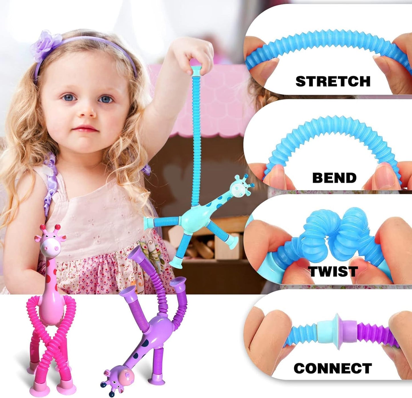 Pop Tubes Sensory Toys Pack, ADHD Fidget Toys for Classroom Treasure Box Prizes, Birthday, Easter Basket Stuffers Kids Toy (4pcs Giraffe)