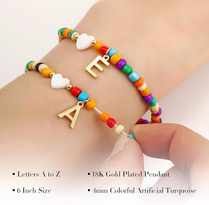Colorful Initial Bracelets for Women Girls - Cute Beaded Heart Initial Bracelet Teen Girl Gifts Trendy Stuff, Bohemian Gold Charm Bracelet Personalized Gifts for Women Girls Jewelry