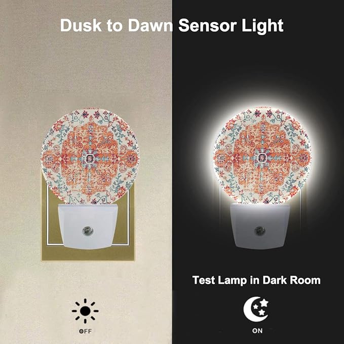 Boho Mandala Night Light Vintage Floral Flowers Carpet Pattern Night Lights Plug into Wall 0.5W LED Lighting Auto on/Off for Hallway Stairway Kitchen Home Decor