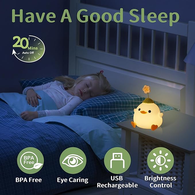 Attivolife Cute Duck Night Light, Animal Soft Silicone LED Lamp with Dimmable and Timer, Portable USB Rechargeable Bedroom Bedside Table Decor, Birthday Christmas Gifts for Girl Boy (Flower Hat)