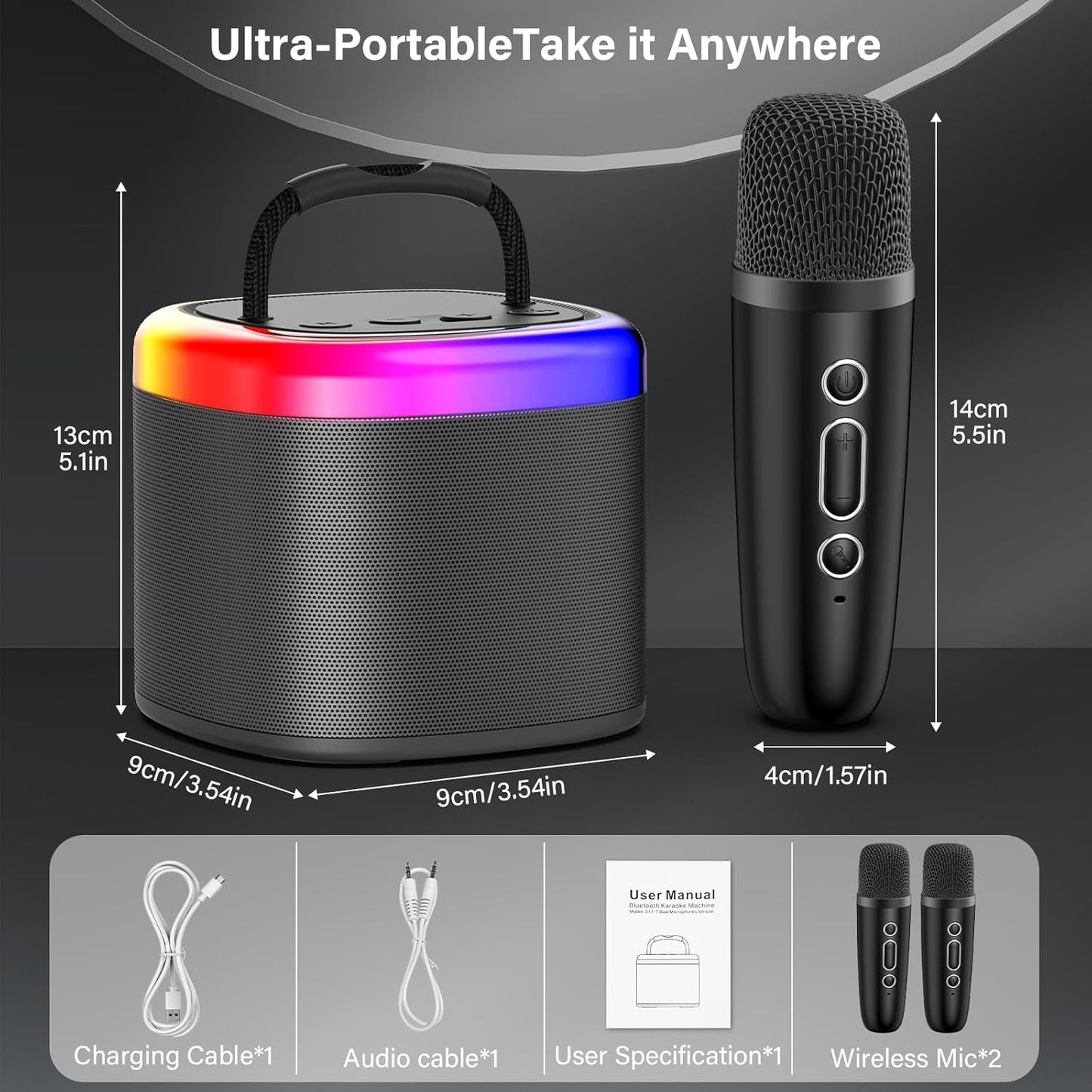 JYX Mini Karaoke Machine for Kids, Portable Bluetooth Karaoke Speaker Unpowered Cabinets with 2 Wireless Microphones and Party Lights and Adults, Birthday Gifts for Girls Boys Family Party(Dark Gray)