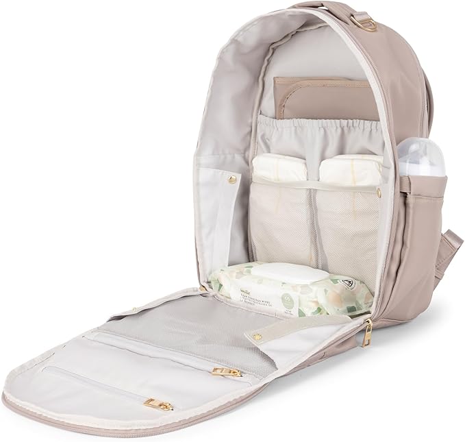 JuJuBe New Classic Diaper Bag Backpack with Portable Changing Pad, Stroller Straps, Large Travel Backpack for Boy or Girl, Carrying Baby Bottles, Wipes, Diapers, Pacifiers, Taupe, Mother's Day Gift