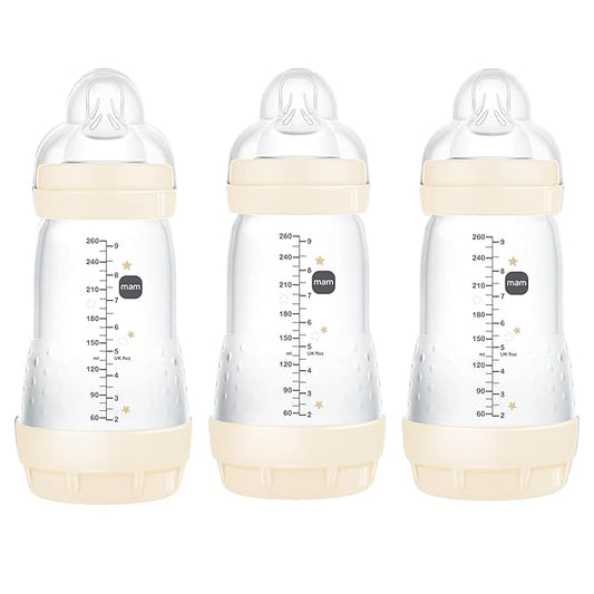 MAM 9oz Easy Start Anti-Colic Baby Bottles, Medium Flow, Breastfeeding-Like Silicone Nipple, Reduces Colic, Gas, & Reflux, Easy-to-Clean, BPA-Free, Baby Bottles for Newborns, 2+ Months
