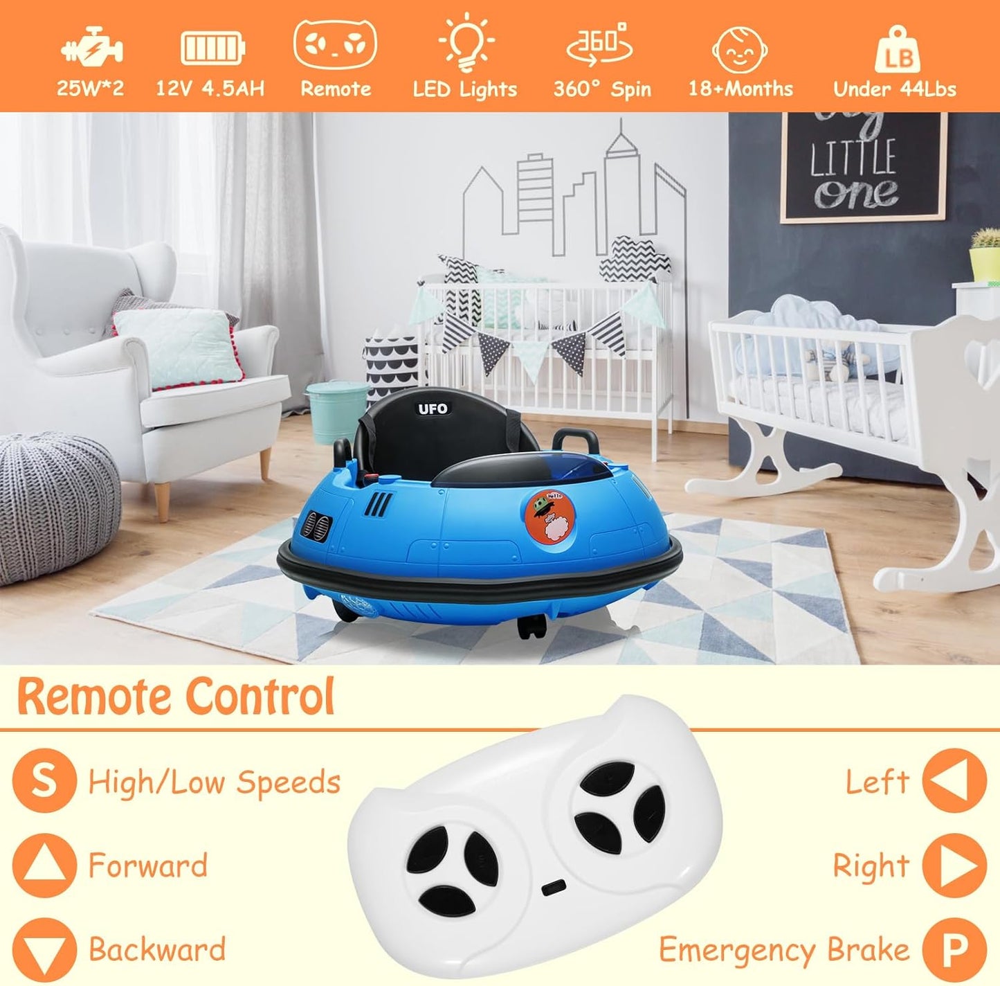 12V Electric Ride on Bumper Car for Toddlers, Kids Bumper Car with Remote Control, LED Lights & 360 Degree Spin, Indoor and Outdoor for 18+ Months Kids (Blue)