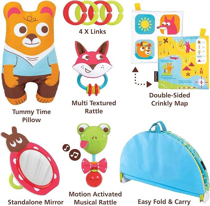 Yookidoo Baby Gym Play 'N’ Nap. 3-in-1 Activity Playmat with Foldable Infant Blanket. Tummy Time Pillow & Mirror, Sensory Toys and Newborn Rattle for 0-12 Months.