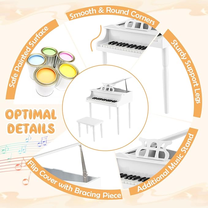 Goplus 30-Key Classical Kids Piano, Mini Grand Piano Wooden Learn-to-Play Musical Instrument Toy with Bench, Piano Lid, Music Rack, Gift for Boys Girls Aged 2+ Baby Toddler(4 Straight Leg-White)