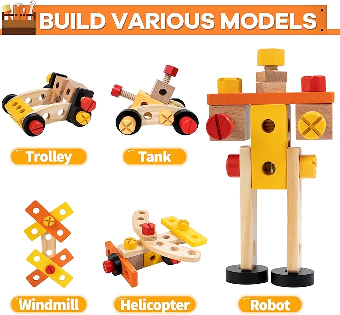 KIDWILL Wooden Tool Bench for Kids, 54-Piece Kids Tool Set with 2-in-1 Workbench & Take-Along Tool Kit, STEM Educational Toy Tools for Kids Ages 3 4 5 6 7 8 Years Old, Boy Toys