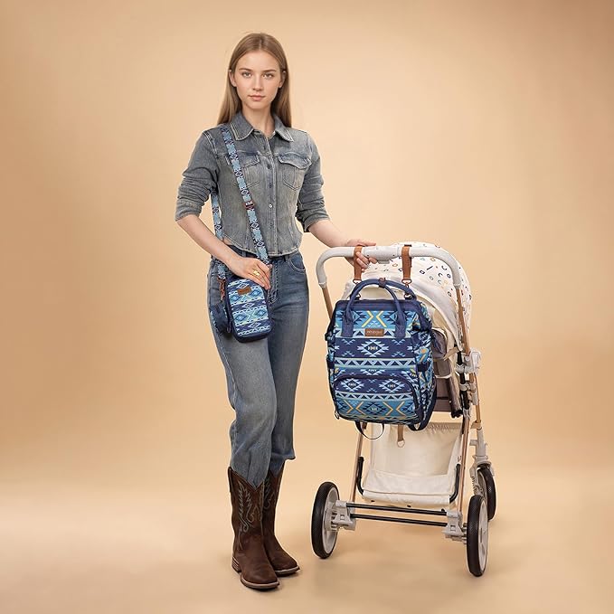 Montana West Wrangler Callie Diaper Bag Backpack with Pacifier Case, Crossbody Bottle Bag and Stroller Straps Western Pattern Multifunction Baby Travel Bag Set WG2215-9110NY