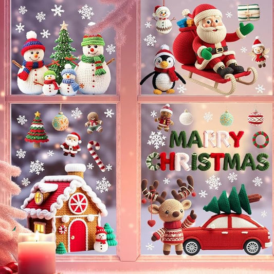 Christmas Window Stickers Easy Apply Fun Christmas Window Clings Decor Set-Vibrant Santa,Woolen Tree Car House,Reindeer & Snowman Static Decals-Removable - Safe for Home, Office, School Indoor Use