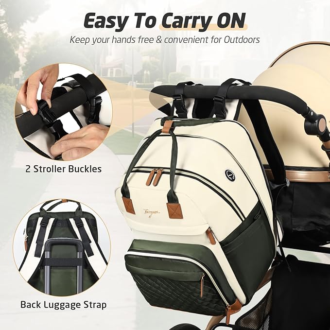 Diaper Bag Backpack - Extra Large Diaper Bag for 2 Kids Twin, Travel Baby Bags for Mom Dad 25-37L Expandable with Changing Pad Earphone Hole, Apricot Green