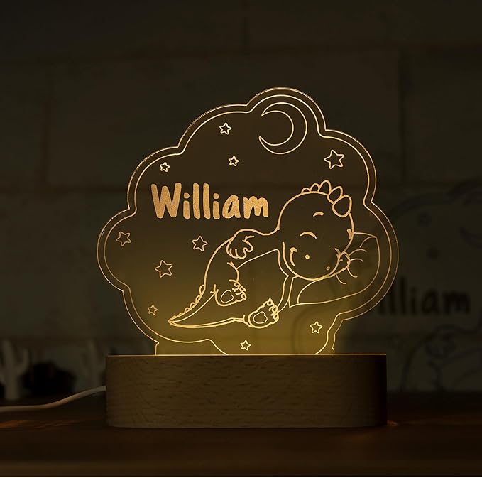 Night Light for Kids Room Personalized, Nursery Room Decor, Custom W/Name, Bedside Lamp, Birthday Gifts for Boys and Girls, Dinosaur