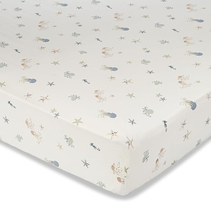 Crane Baby 100% Cotton Under The Sea Fitted Crib Sheet with Jellyfish Design, Neutral Crib Sheets, Fitted Toddler Sheet, 28" x 52" Standard Size Sea Life Crib Sheet