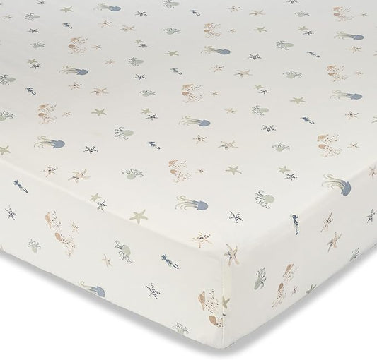 Crane Baby 100% Cotton Under The Sea Fitted Crib Sheet with Jellyfish Design, Neutral Crib Sheets, Fitted Toddler Sheet, 28" x 52" Standard Size Sea Life Crib Sheet