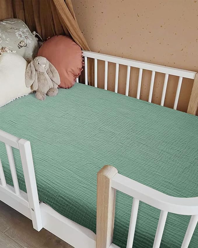 Crib Sheets for Boys Girl, Fitted Baby Toddler Bed Sheets 28" x 52", Neutral Muslin Cotton Crib Mattress Bedding Soft and Breathable Comfort (Roman Green)