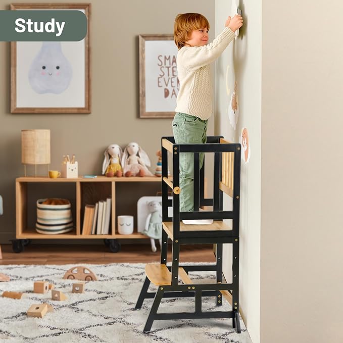 COSYLAND Toddler Standing Tower - Adjustable Height Toddler Kitchen Stool Helper - Kids Kitchen Step Stool for Learning with Removable Safety Railing Black&Natural