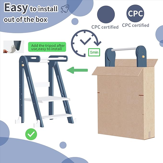 Kids Kitchen Step Stool, Foldable Toddler Tower, Height Adjustable Toddler Standing Tower with Safty Rail and Anti-Slip Device, Wooden Stool for 1.5-6 Years(Sky Blue-White)