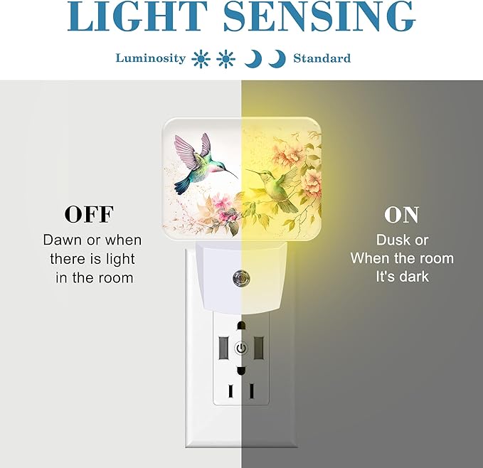 Watercolor Hummingbird Night Light, Pink Flowers Leaves Nightlight Plug into Wall with Dusk to Dawn Sensor for Kid Girls Boys Women Men Bedroom, Hallway, Kitchen, Bathroom, Stairs Decor