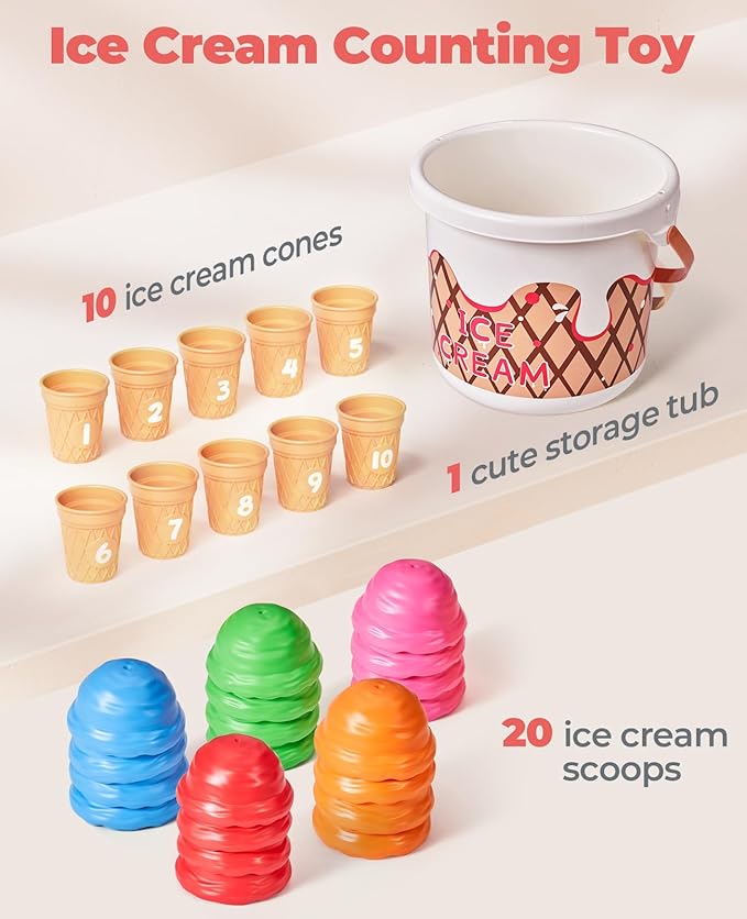 JoyCat Ice Cream Preschool Learning Activities Counting and Color Sorting Set Stacking Toys for Kids 1-5, Educational Fine Motor Skills Toys, 30PCS Math Manipulatives Learning Food Toys