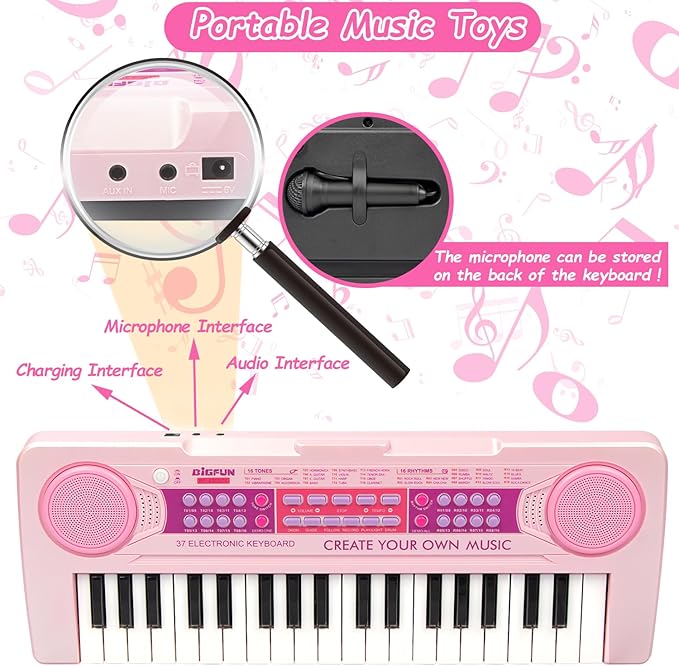Kids Piano Keyboard Toys, 37 Keys Music Keyboard Piano for Kids with Microphone, Learning Educational Toddler Keyboard Toys for Kids Ages 3-8 (Pink)
