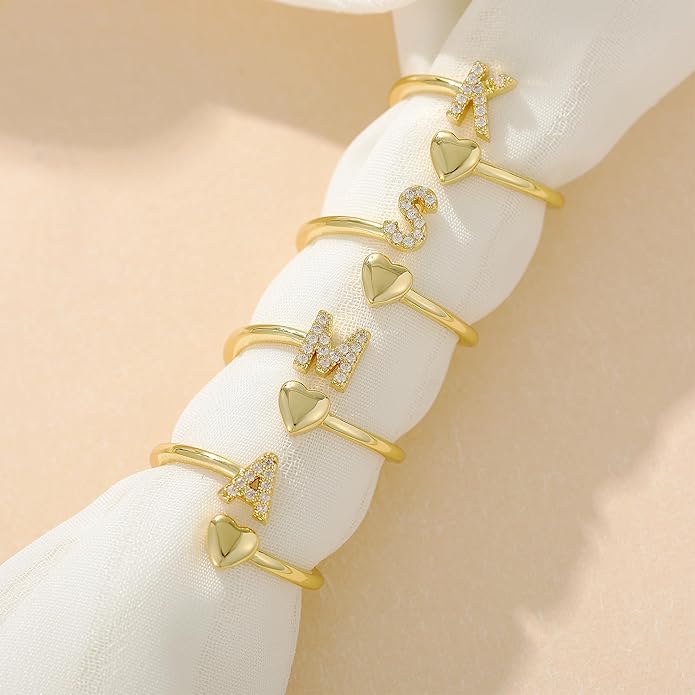 Gold Initial Rings for Women Girls, Dainty 14K Gold Plated Adjustable Initial Rings Cute Heart Zirconia Ring for Women Teen Girl Gifts