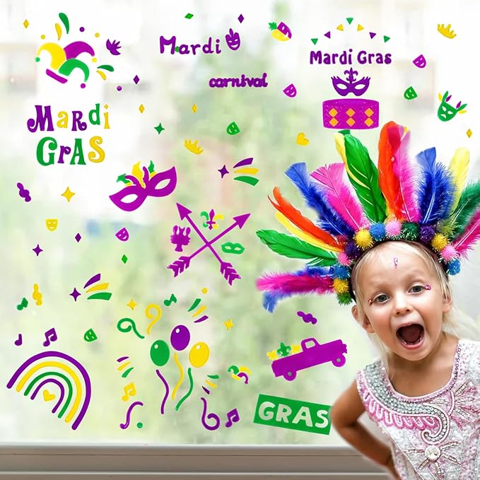 Mardi Gras Decorations - Window Gel Clings, Mask, Balloons, Clown Clings for Glass Windows, Party Decorations