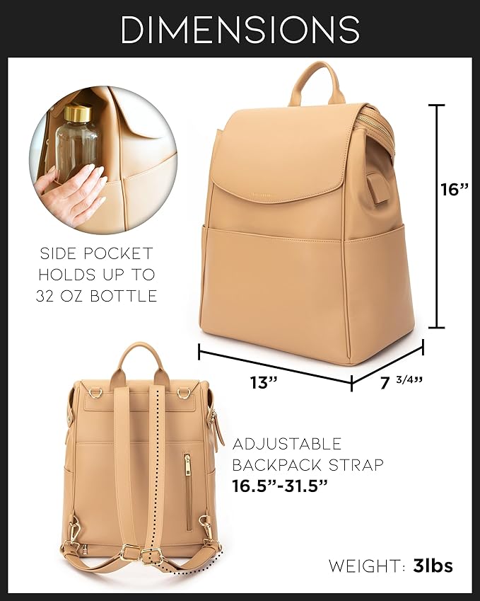MIA + SOPHIA Leather Diaper Bag Backpack with USB Charging port, Changing Pad, Stroller Straps, and Bottle Holder (Brown Olivia)