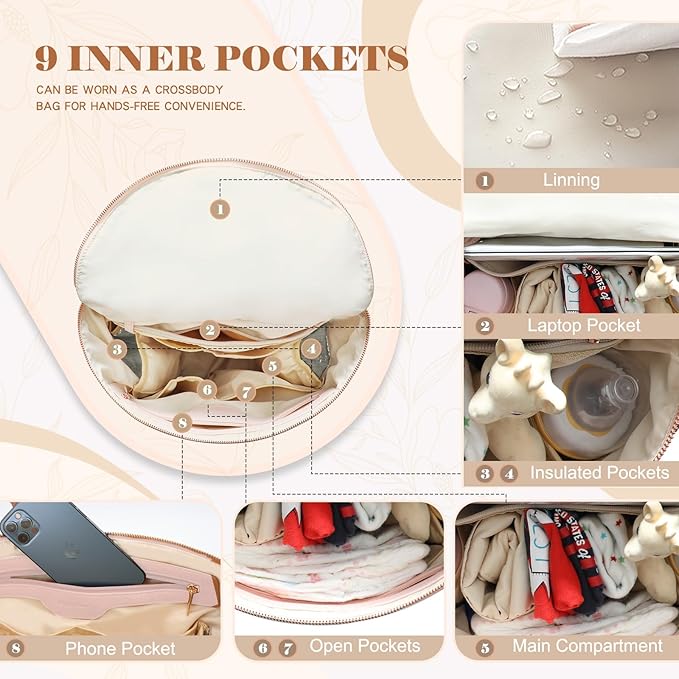 miss fong Pink Diaper Bag Backpack Baby Diaper Bag, Large Leather Diaper Backpack with 16 Pockets Travel Diaper Bag with Diaper Changing Pad,Pink Baby Backpack Stroller Straps & 2 Insulated Pockets