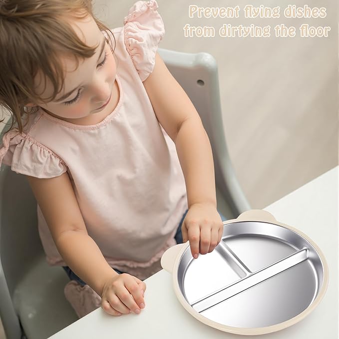 Stainless Steel Kids Plate with Suction Set of 2, 9″ Toddler Divided Plates with Removable Non Slip Silicone Sleeves, Unbreakable Baby Snack Dishes, BPA Free, Beige & Light Pink