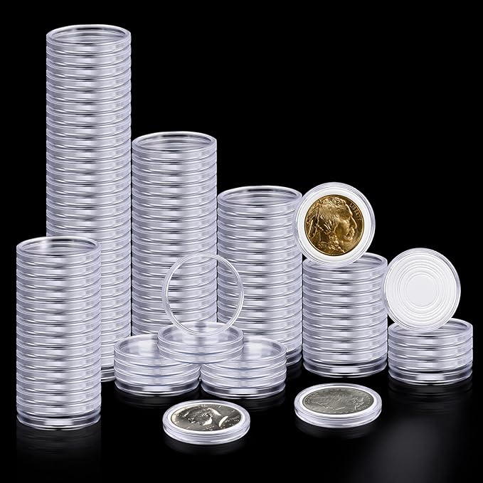 100PCS Silver Dollar Coin Holder, Clear Coin Capsules, Coin Holders for Collectors, Plastic Coin Case for Morgan Silver Dollar, Coin Protectors with Adjustable Gasket (17/20/25/27/30/33/38/40mm)