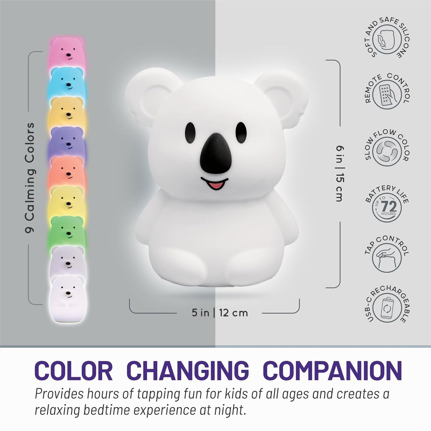 Lumipets Remote Control Silicone Night Light for Kids - Koala Design with 9 Soft Colors & Sleep Timer - Rechargeable, Battery-Operated Lamp for Bedroom | Baby Nursery, Toddler, Girls, Boys